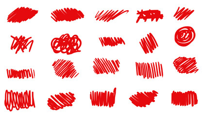 A hand-drawn collection of lines, crosses, underlines, scribbles, and arrows in red ink.