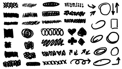 A hand-drawn collection of lines, crosses, underlines, scribbles, and arrows in black ink.