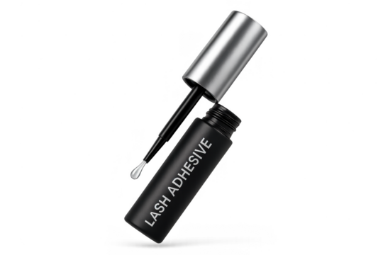 Black lash adhesive bottle and applicator isolated on transparent background