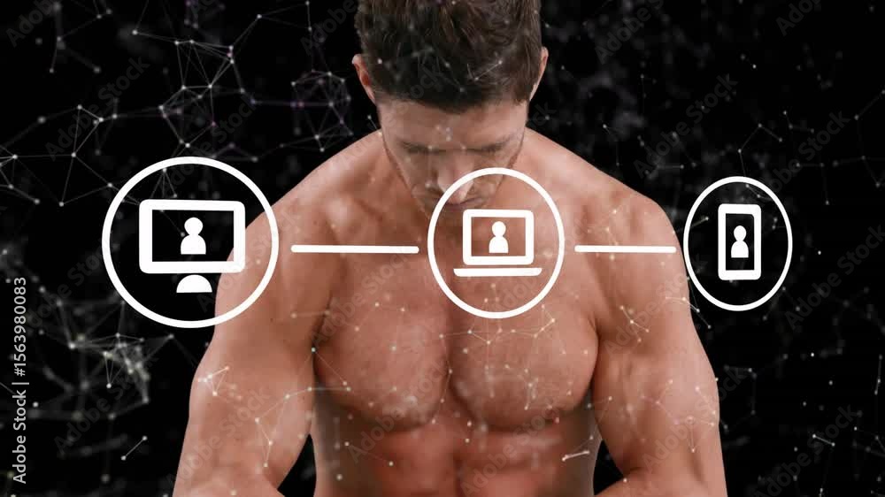 Aufkleber shirtless male standing in void, tech device icons linking causing flexing arms showing connection
