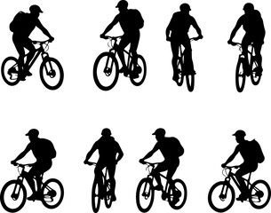 Mountain Hiking Bikers Riding Silhouettes Set vector bundle