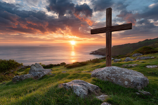 Wooden cross overlooking ocean at sunset with dramatic clouds coastal landscape