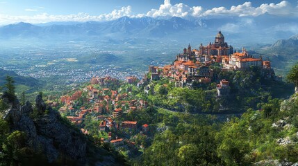 Obraz premium Hilltop Town: Majestic Mountain Village