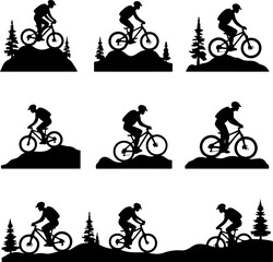Obraz premium Mountain Hiking Bikers Riding Silhouettes Set vector bundle