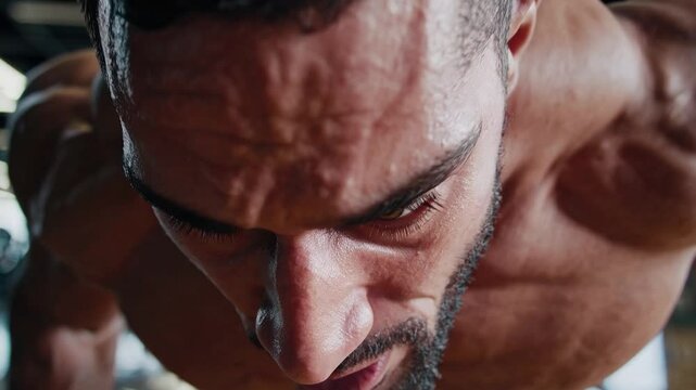 Muscular man performing pushups in a modern gym setting, showcasing strength, focus, and endurance. Motivational fitness concept emphasizing dedication and athleticism