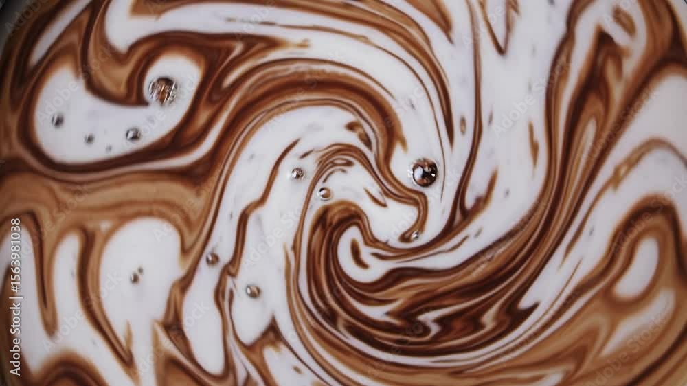 Poster cream and chocolate mixture is being gently stirred, creating a mesmerizing marble effect with swirl