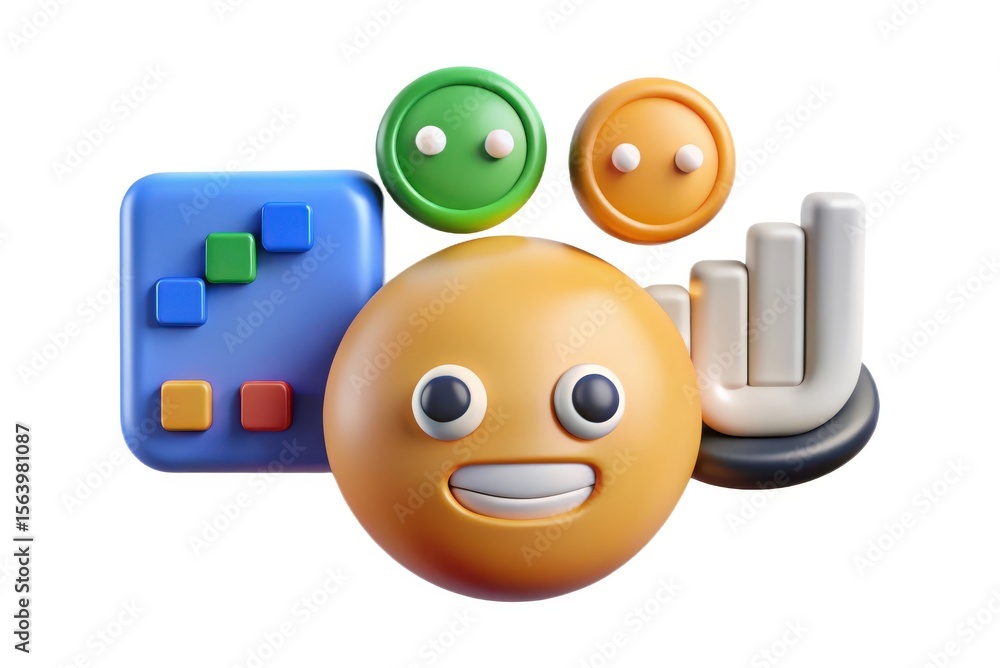 Aufkleber 3d render of happy emoticon with data and growth chart