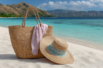 Woven tote bag and straw hat with pink scarf on sandy beach beside turquoise ocean woven bag beach bag