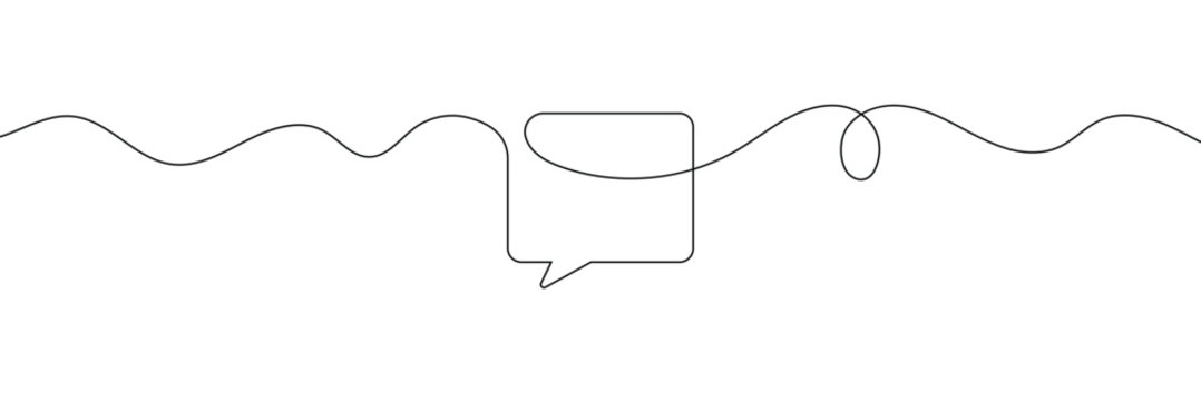 Continuous one line drawing of two speech bubbles with modern minimalist style on white background in black ink . EPS 10 .