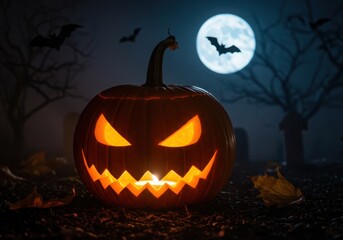 Obraz premium Spooky jack o lantern glows under a full moon with bats flying