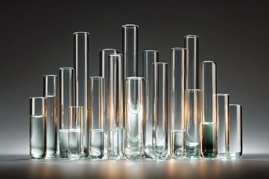 Multiple test tubes containing varying amounts of transparent liquid are arranged to resemble a city skyline, set against a gradient background, creating a visually appealing and scientific image