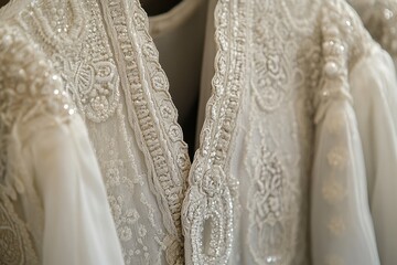 Close-up of an intricately beaded, delicate ivory wedding gown, showcasing fine craftsmanship and elegant design, romantic bridal wear.