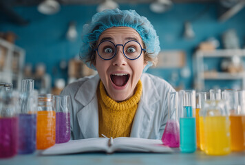 Excited scientist reacting to successful colorful chemical experiment