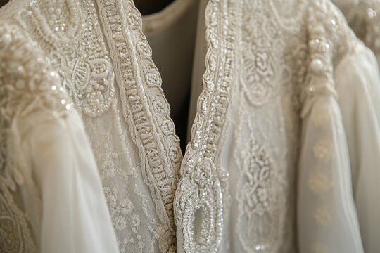 Close-up of an intricately beaded, delicate ivory wedding gown, showcasing fine craftsmanship and elegant design, romantic bridal wear. - Powered by Adobe