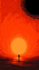 abstract watercolor at with silhouette of a person looking directly on the orange sun; red background and black hole on the top; concept of being focused on one thing, amazement, psychology