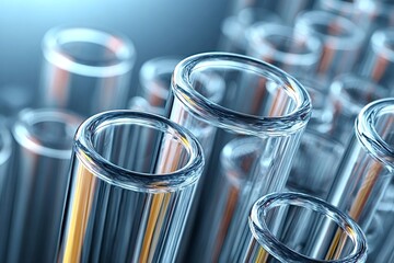 Displaying closely together, empty test tubes made of clear glass create a visually striking representation of scientific research and experimentation in a laboratory setting