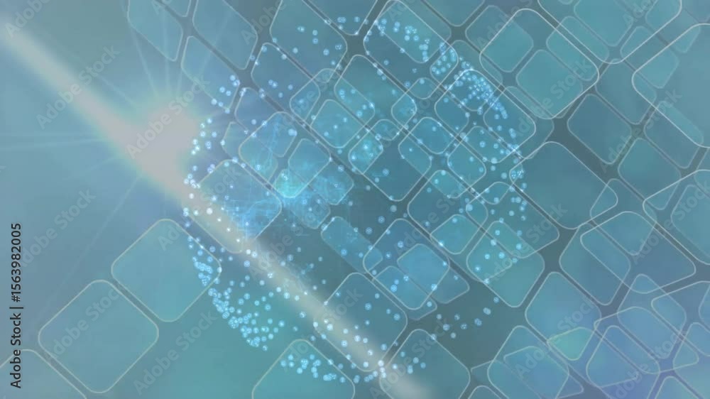 Poster drifting blue squares sparking lit dots forming rotating sphere and framing it within pulsing grid