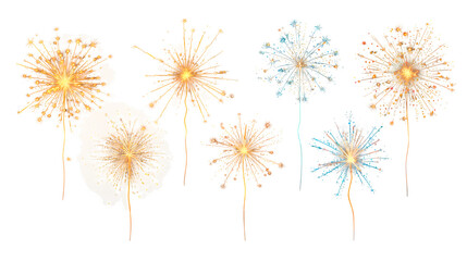 Obraz premium Happy New Year celebration party fireworks sparkler PNG set, cutout isolated on transparent background. Gold yellow and blue colors