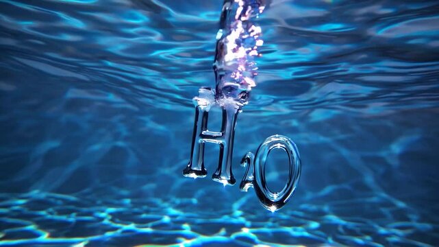 Metallic h2o molecular symbol partially submerged in blue swimming pool, rising air bubbles symbolizing water science, purity, and scientific research