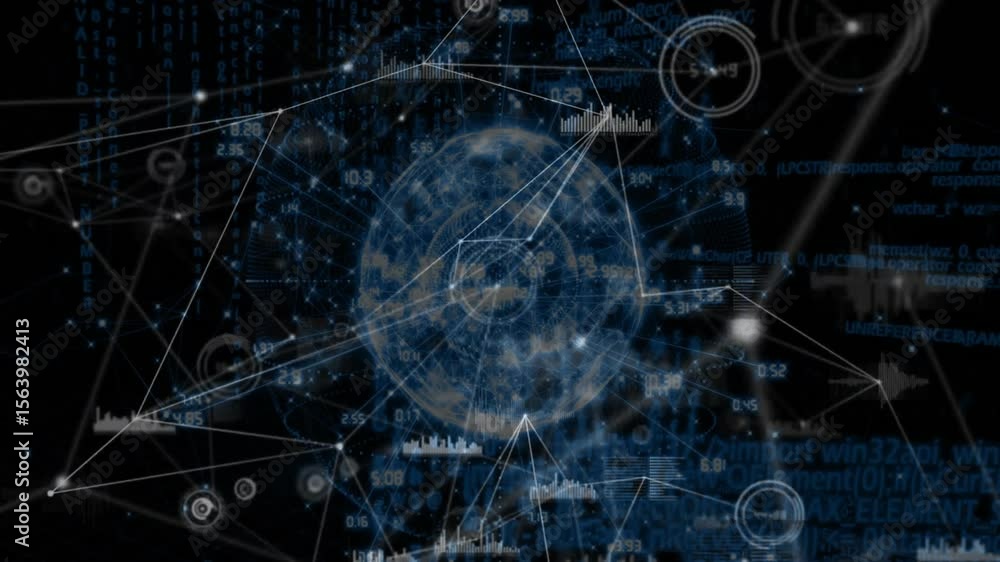 Poster blue sphere appearing in void, fanning white lines adding bar-chart nodes visualizing live network
