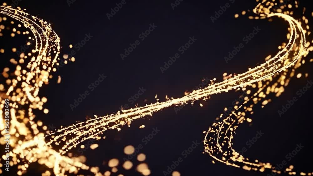 Poster luminous golden particles swirling dynamically, flowing smoothly across dark background with elegant