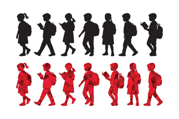 Vector Silhouette Set of School Boys and Girls Walking with Backpacks and Reading Books