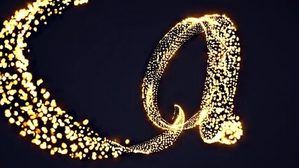 Luminous golden particles dynamically forming stylized letter q, gliding across dark background with elegant, flowing motion and shimmering visual appeal