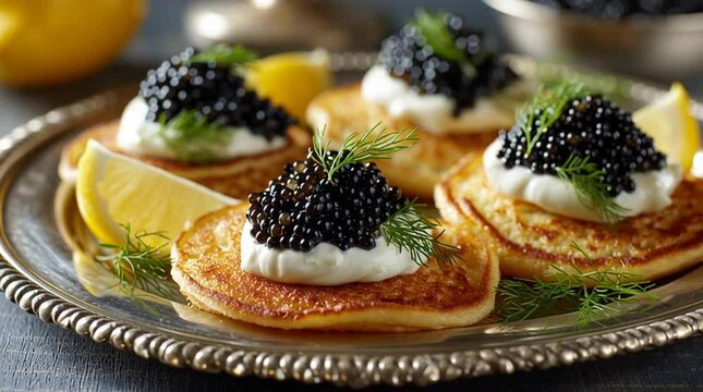 A silver platter showcasing blinis topped with caviar, cream, dill, and lemon wedges for a luxurious treat
