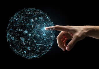 Human finger interacting with a glowing digital network sphere containing binary code
