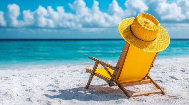 Yellow beach chair with straw hat on white sand beach - Powered by Adobe