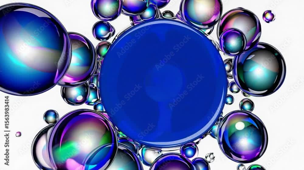 Poster iridescent soap bubbles drifting near large blue circular disc, fading gradually into black against 