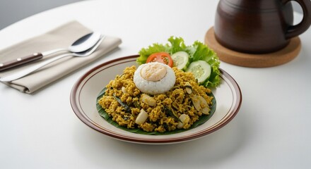 Savory Turmeric Noodle Dish with Soft Boiled Egg and Garnish