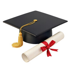 Academic graduation cap and diploma scroll with red ribbon isolated on transparent background