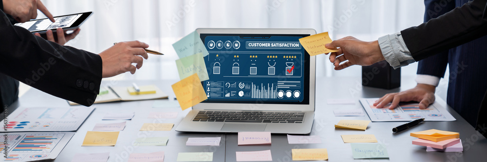 Poster analyst team use sticky note for creative and analytic brainstorm for business idea with bi data das