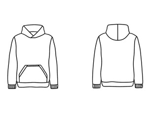 Hooded jacket Technical Fashion Illustration. Oversized-Fit Hoodie with Kangaroo Pocket and Garterized Cuffs and drawstring Hem vector template. Casual street wear. Unisex. CAD Mockup Set