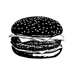 Black silhouette of a hamburger with sesame seed bun on a white background for food branding and restaurant menus