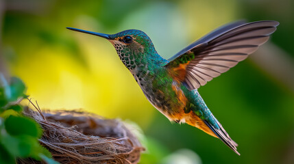 Fototapeta premium Vibrant hummingbird in flight feeding at nest in lush garden background