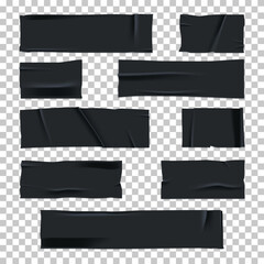 Realistic torn black adhesive tape pieces isolated on transparent background. Dark sticky scotch or masking tape elements for design, repair, or decor mockups