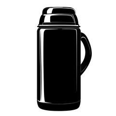Black silhouette of a thermos with a handle on a white background for travel, outdoor activities, and hot beverages