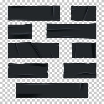 Realistic torn black adhesive tape pieces isolated on transparent background. Dark sticky scotch or masking tape elements for design, repair, or decor mockups