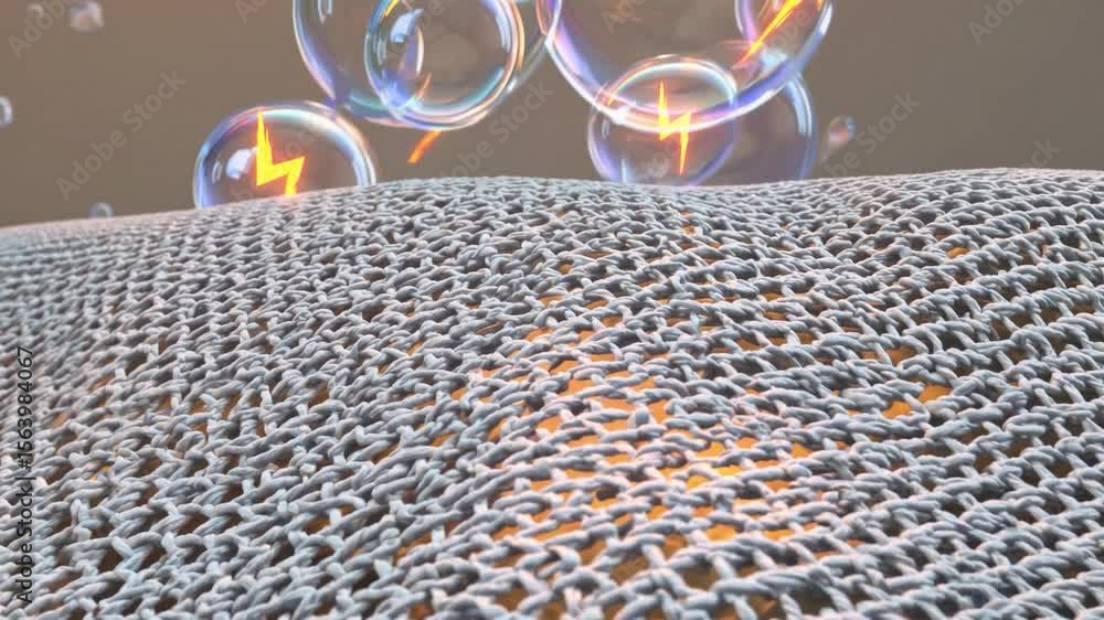 Poster transparent electricity-laden soap bubbles floating above intricately textured knitted fabric, showc