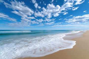 A bright and empty beach with a blue sky and clouds