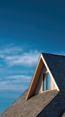 Modern Architectural Roof Design with Wooden Materials and Clear Blue Sky Background