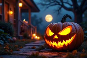 Halloween Eerie Pumpkin on a Stone Path A Glowing Carved Pumpkin Illuminating a Dark Night with a House and Moon in the Background