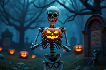 Halloween Eerie Skeleton Guardian Holding a Glowing Pumpkin in a Graveyard Scene Under a Dark Blue Sky with Trees and Tombstones for Halloween