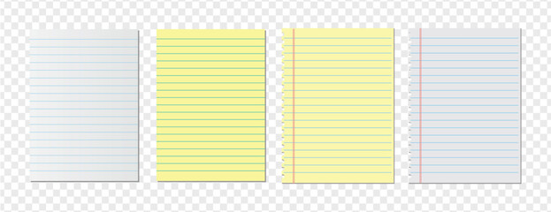 Blank lined notebook paper sheets isolated on transparent white background. Ideal for school, office, journaling, note-taking, and stationery design projects