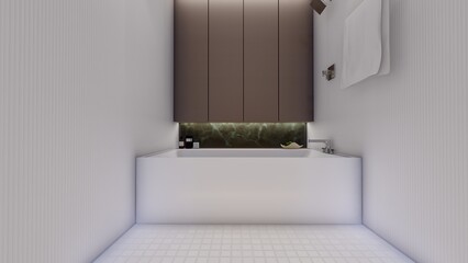 Minimalist Bathtub niche with vertical cabinetry and Ambient Lighting Bathroom Interior Visualization close up