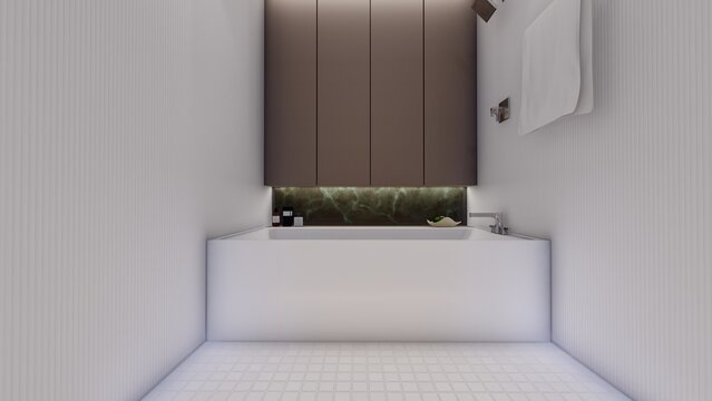 Minimalist Bathtub niche with vertical cabinetry and Ambient Lighting Bathroom Interior Visualization close up