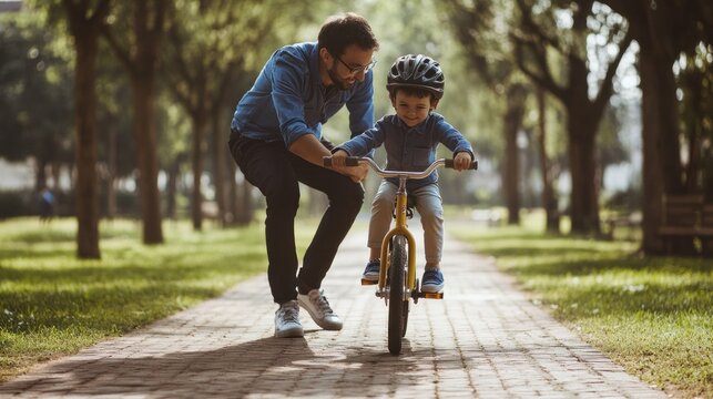 Father teaching son to ride a balance bike - Powered by Adobe