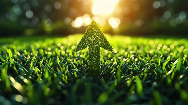 Green grass field with a large, symbolic arrow pointing upwards and forwards, representing sustainable development, eco-friendly growth, and motivational progress in environmental practices 49696641 6